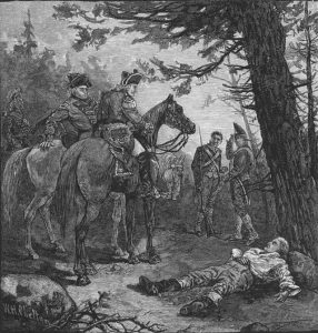 The fatally wounded Kalb found by Cornwallis after the Battle of Camden on 16th August 1780 in the American Revolutionary War