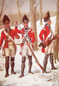 British Officer and Grenadiers: Battle of Princeton on 3rd January 1777 in the American Revolutionary War