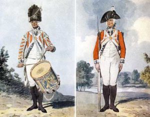British Foot Guards drummer and soldier: Battle of Guilford Courthouse on 15th March 1781 in the American Revolutionary War