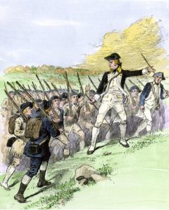 Brigadier John Stark leads the New Hampshire Militia at the Battle of Bennington on 16th August 1777 in the American Revolutionary War: click here to buy this picture