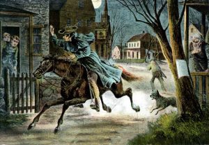 Paul Revere's ride calling 'The British are coming': Battle of Concord and Lexington 19th April 1775 American Revolutionary War: click here to buy this picture