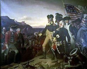Surrender of the British army to George Washington and General de Rochambeau at Yorktown on 19th October 1781 in the American Revolutionary War: picture by Eugene Hess: buy this picture