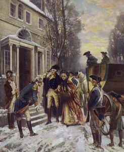 General George Washington arriving in Morristown, New Jersey, after the Battle of Princeton on 3rd January 1777 in the American Revolutionary War