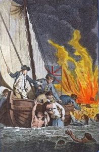 Captain Curtis rescuing Spanish crews from the sinking Battering Ships during the attack on Gibraltar, 13th September 1782: the Great Siege of Gibraltar from 1779 to 1783 during the American Revolutionary War