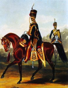 11th Hussars: Battle of Balaclava on 25th October 1854 in the Crimean War: picture by Ackermann