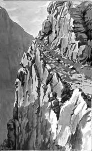 Cliff path on Kelly's route to Gupis: Siege and Relief of Chitral, 3rd March to 20th April 1895 on the North-West Frontier of India