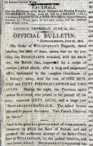 Official Bulletin in the Times newspaper dated 22nd June 1815 announcing the Battle of Waterloo fought on 18th June 1815