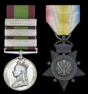 Second Afghan War medal with clasps for Kandahar, Kabul and Charasia and Kabul and Kandahar Star: Battle of Kabul December 1879 in the Second Afghan War