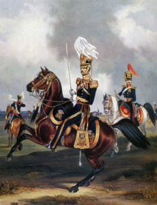 4th Queen's Own Light Dragoons, one of the regiments of the Charge of the Light Brigade at the Battle of Balaclava on 25th October 1854 in the Crimean War: print by Ackermann