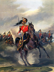 6th Inniskilling Dragoons: Charge of the Heavy Brigade at the Battle of Balaclava on 25th October 1854 in the Crimean War: picture by Ackermann