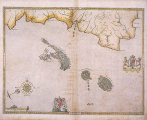 Spanish Armada charts published 1590: 3 English ships attack the Armada off Plymouth on 31st July 1588