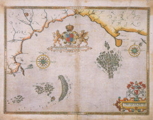 Spanish Armada charts published 1590: 5 Action between the English Fleet and the Armada off Portland Bill on 1st and 2nd August 1588