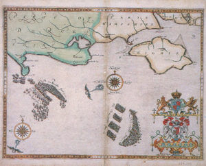 Spanish Armada charts published 1590: 6 Armada Charts 6 English ships attack the Armada between Portland Bill and the Isle of Wight on 2nd and 3rd August 1588