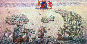 Contemporary illustration showing the Armada in crescent formation pursued down the Channel by the English Fleet of Lord Howard of Effingham: Spanish Armada June to September 1588
