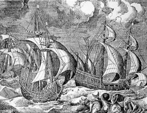 Baltic Hulk or Urca like El Gran Grifin that sank on Fair Isle: print by Peter Brueghel: Spanish Armada June to September 1588