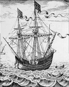 Merchant vessel commandeered for the Armada: print by Peter Brueghel: Spanish Armada June to September 1588