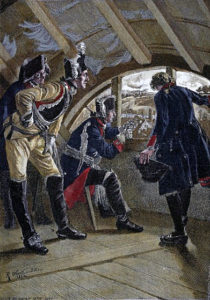 King Frederick II of Prussia watches the advancing enemy from the attic of the inn in Rossbach at the Battle of Rossbach 5th November 1757 in the Seven Years War