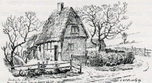 Bigg's Cottage, where the Earl of Essex spent the night before the First Battle of Newbury on 20th September 1643 in the English Civil War: drawing by C.R.B. Barrett