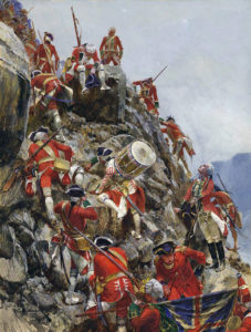 General Wolfe and his troops climbing the Heights of Abraham at the Battle of Quebec 13th September 1759 in the French and Indian War or the Seven Years War: picture by Richard Caton Woodville