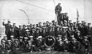 Crew of British Destroyer HMS Sparrowhawk. Sparrowhawk fought at the Battle of Jutland 31st May 1916 in the 4th Flotilla