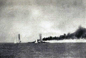 First of a series of photographs taken from a British destroyer at the Battle of Jutland on 31st May 1916 showing salvos of German shells landing short of HMS Lion
