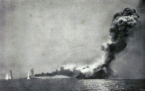 British battle cruiser HMS Queen Mary explodes after being repeatedly struck by shells from German battle cruisers SMS Derfflinger and Seydlitz, Battle of Jutland 31st May 1916: comtemporary photograph taken from HMS Lydiard
