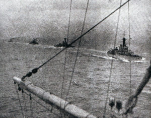 Orion class battleships in the North Sea: HMS Monarch, Thunderer and Conqueror, the photograph taken from HMS Orion. All four ships fought at the Battle of Jutland on 31st May 1916 in Vice Admiral Sir Thomas Jerram’s 2nd Battle Squadron