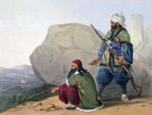 Afghan tribesmen: Battle of Kabul and Retreat to Gandamak 1842 during the First Afghan War: contemporary picture by James Atkinson