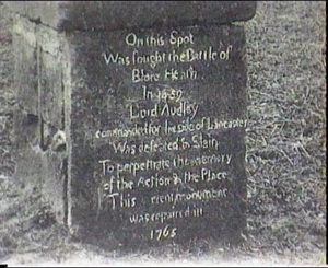 Inscription on the Audley Cross: erected near the place of Lord Audley's death: Battle of Blore Heath, fought on 23rd September 1459 in the Wars of the Roses