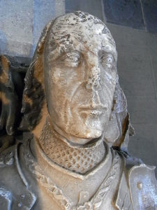Alabaster effigy of Sir Dafydd ap Mathew in Llandaff Cathedral; the knight who saved the life of King Edward IV at Battle of Towton fought on 29th March 1461 in the Wars of the Roses