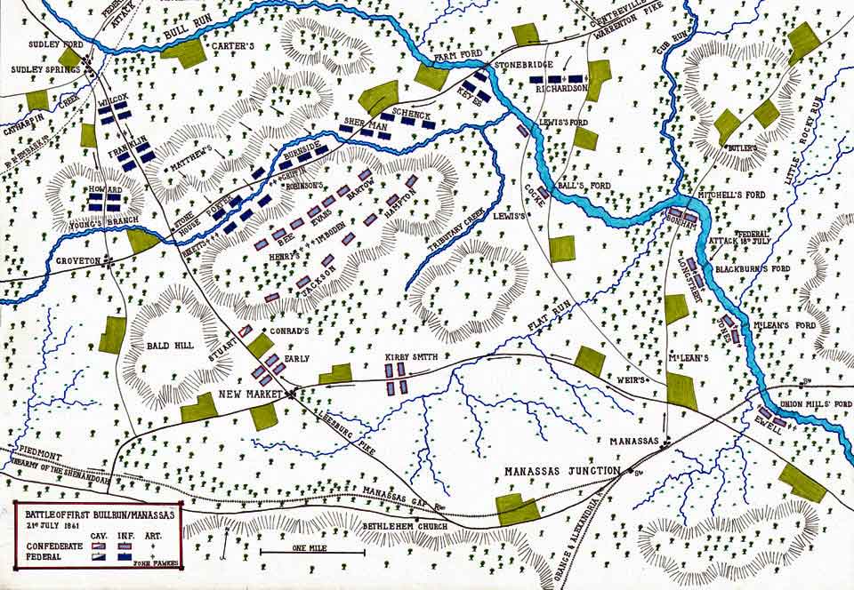 Carte de la bataille de Bull Run combattue du 18 au 21 juillet 1861 dans la guerre civile américaine : carte de John Fawkes