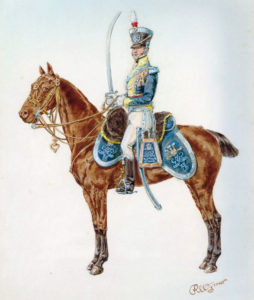 British 12th Light Dragoon in 1812 uniform: Battle of Villagarcia on 11th April 1812 in the Peninsular War: picture by Reginald Wymer