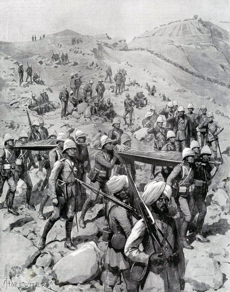 Assault on the Sampagha Pass on 29th October 1897: Tirah on the North-West Frontier of India: print by Amedee Forestier